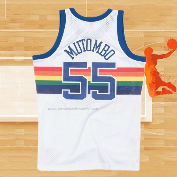 Camiseta Denver Nuggets Dikembe Mutombo NO 55 Hardwood Classics Throwback Blanco