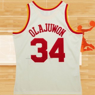 Camiseta Houston Rockets Hakeem Olajuwon NO 32 Mitchell & Ness Chainstitch Crema